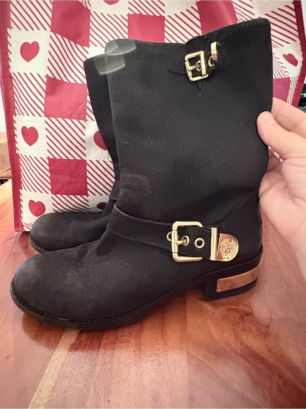 Vince Camuto Black Ankle Booties with Gold Buckle Accents